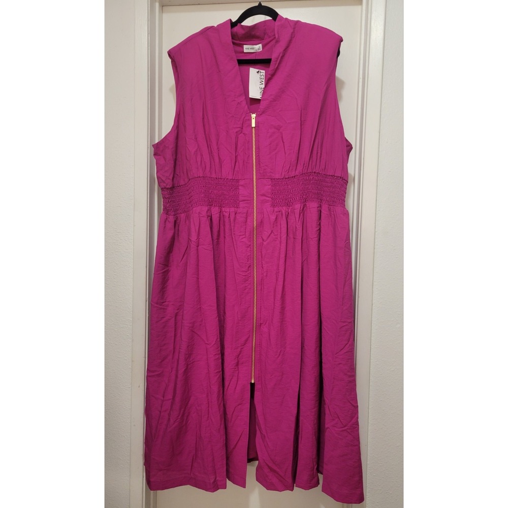 Nine West Women Magenta Smocked Waist Front Zip Dress Plus Size 3X Barbiecore